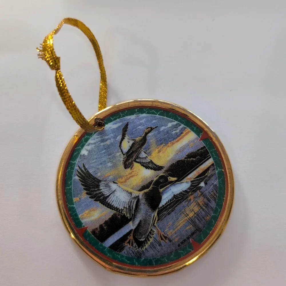 Vintage Round Porcelain Ornament By Bob Schmidt Featuring Ducks 2-sided - Picture 2 of 5